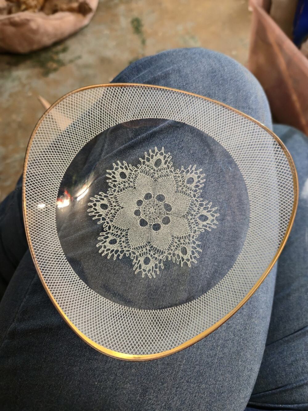 Vintage Chance Glass Lace Pattern Plate Gold Rim England Mid Century 7.5”